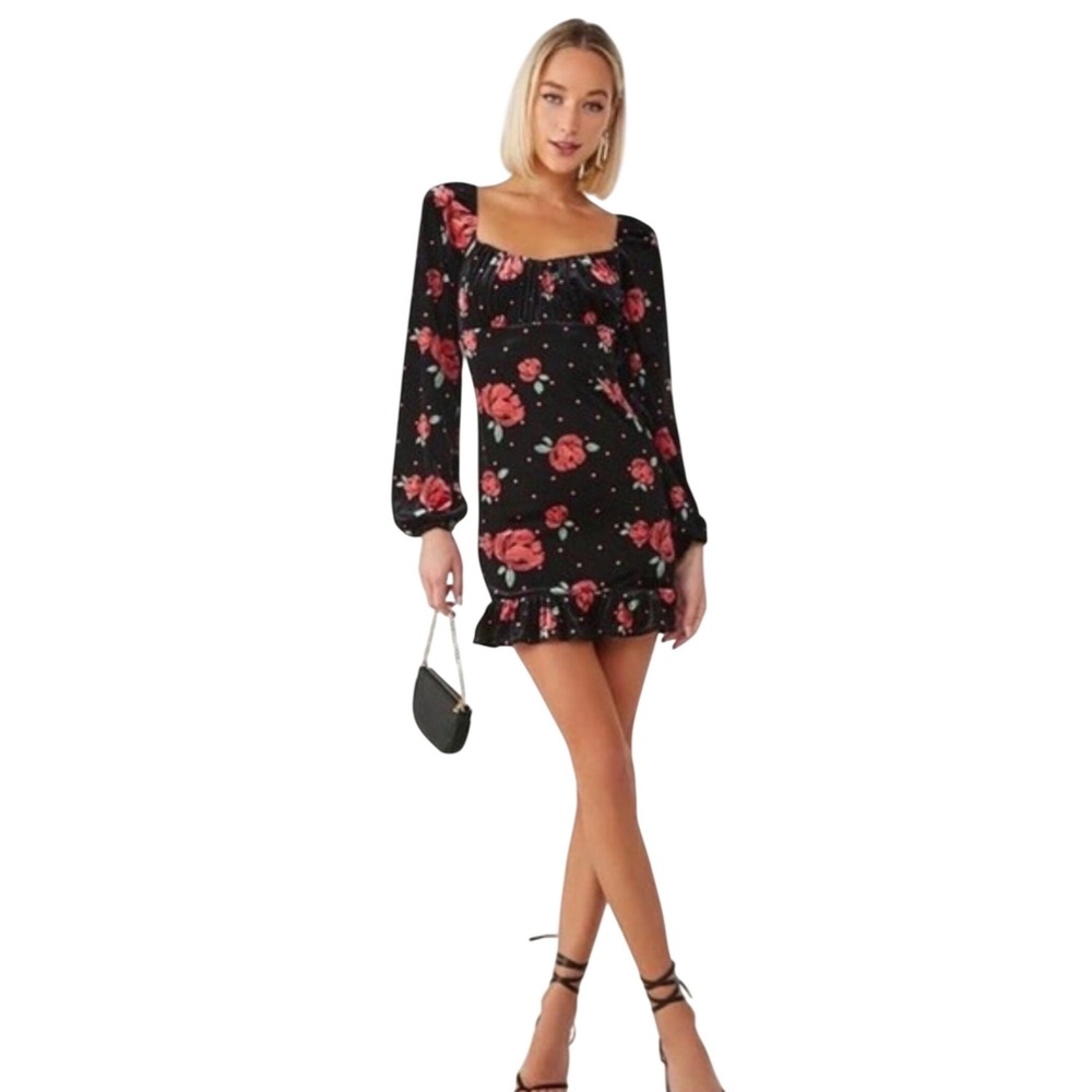 Romantic Black Velvet Red Rose Dark Floral‎ Whimsy Goth Ruffle Mini Dress Medium